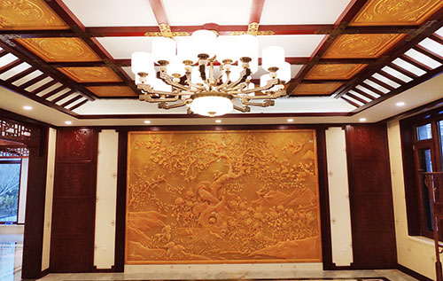 息烽中式别墅客厅中式木作横梁吊顶装饰展示